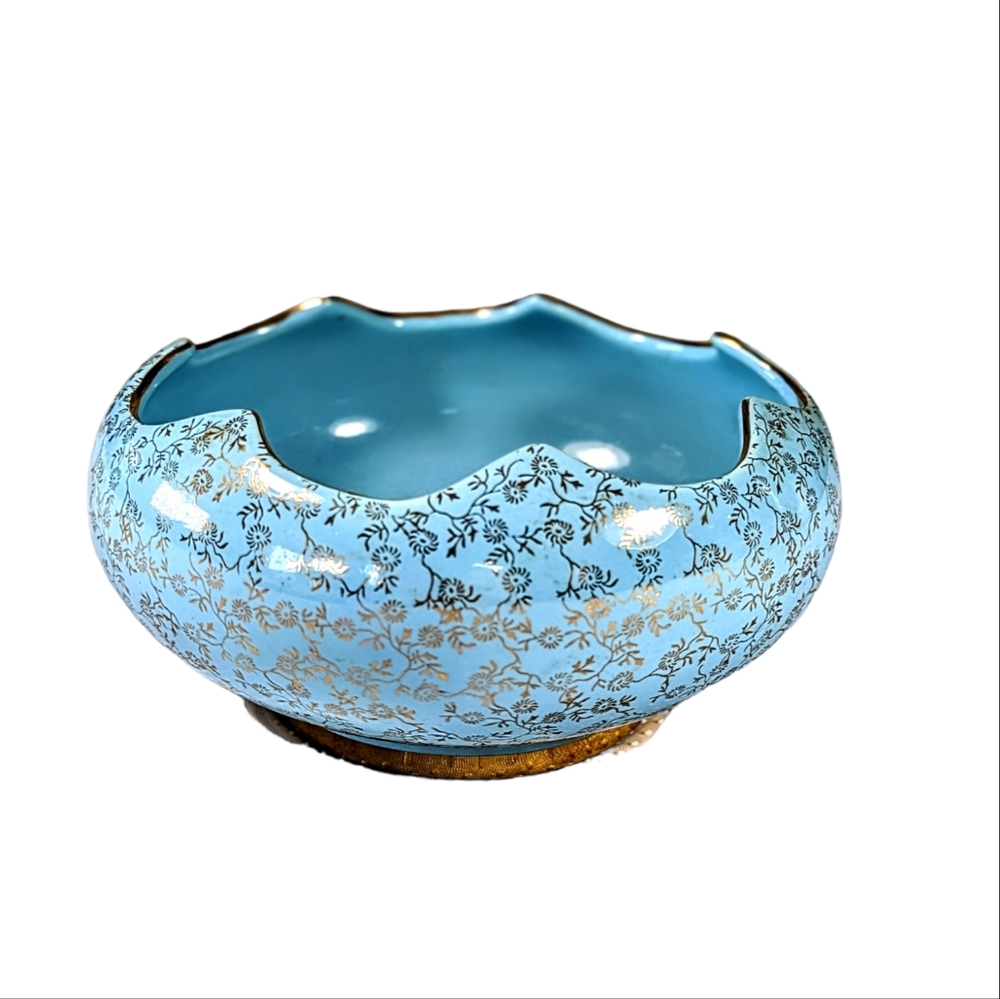 Pearl China 22k Gold Robbins Egg Blue Decorative Bowl Dish Trinket Mid Century